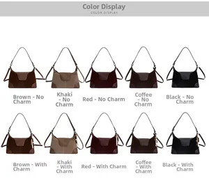 Matrix showing five colors of suede shoulder bags with and without beaded charms