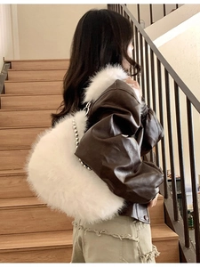 White fluffy plush shoulder bag with silver beaded strap for winter luxury fashion style