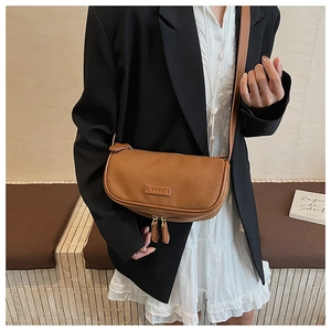Close-up of a brown semi-circular crossbody bag with matte finish and dual zippers