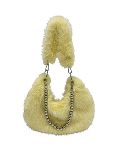 Fuzzy faux fur shoulder bag in pale yellow with silver bead chain and plush strap