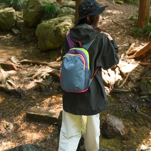 Detail of color-block hiking backpack with multi-color panels in a forest setting