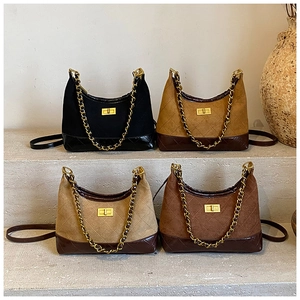 Detail view of four matte suede chain bags in black, khaki, beige, and coffee brown colors