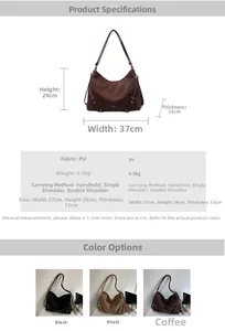 Detailed sizing chart and material specs for the matte PU leather shoulder tote bag
