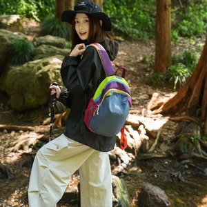 Detailed outdoor shot of a colorful waterproof nylon hiking backpack with adjustable straps