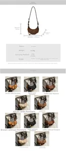 Detailed size specifications and color options for the crescent suede crossbody bag