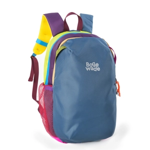 Detail view of colorful nylon hiking backpack with blue body and orange zippers
