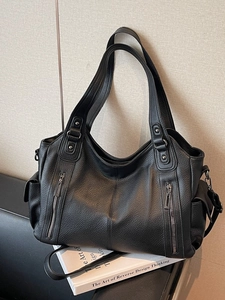 Classic black litchi pattern leather tote bag with double straps and metal zippers