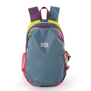 Close-up of waterproof nylon backpack with colorful stitching and red mesh side pocket