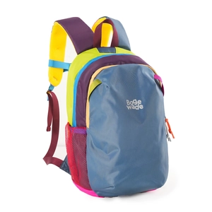 Detail view of colorful contrast outdoor backpack with mesh pockets and adjustable straps