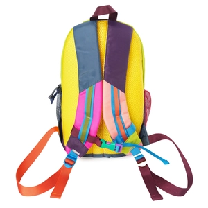 Detail view of the breathable mesh back panel and adjustable chest strap on the colorful backpack