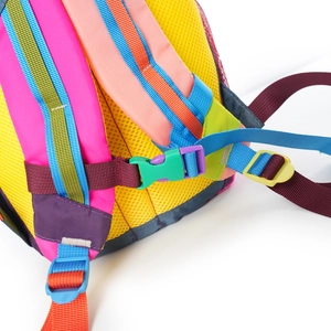 Detail of multi-color hiking backpack with breathable mesh back and adjustable straps
