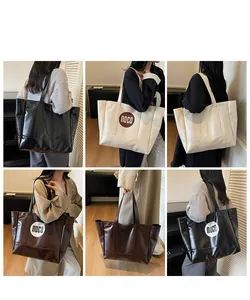 Detail shots of large tote bag showing black, cream, and coffee leather finishes