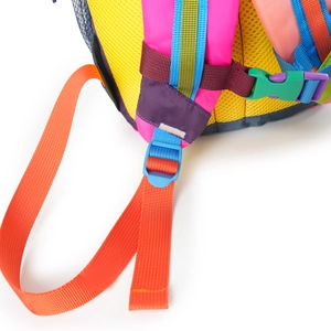Detail of breathable honeycomb back panel and vibrant multi-color adjustable straps