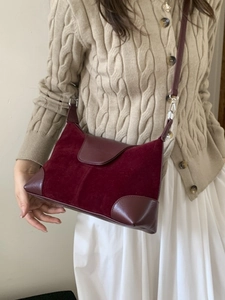 Retro burgundy suede and leather crossbody bag for women with large capacity