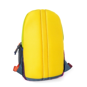 Detail view of breathable honeycomb mesh back panel and colorful straps on the backpack