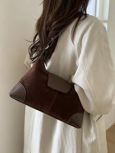 Retro dark brown suede hobo bag with minimalist leather splicing for women's daily commute