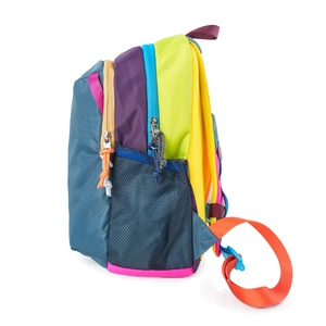 Detail view of colorful patchwork hiking backpack with breathable side mesh pockets