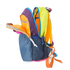 Detail of multi-color outdoor backpack with open main compartment and orange lining
