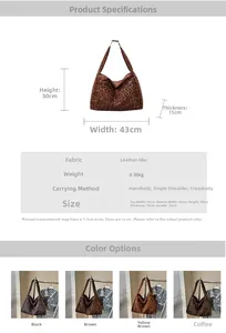 Size guide for large leopard print faux suede tote bag with dimensions and weight info