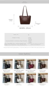 Detailed size chart showing dimensions 29x21x11cm for the PU leather tote bag