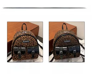 Gros plan du mini sac à dos léopard montrant la texture et le logo de marque BLONMAY