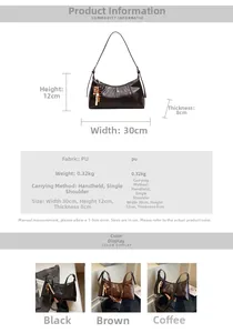 Detailed view of vintage shoulder bag specifications, dimensions, and color options