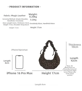Detailed size specifications of the leopard print suede pillow bag with handle dimensions