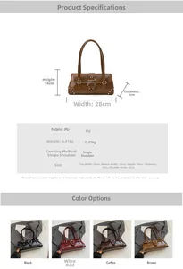 Tableau des tailles détaillé pour sac d'épaule en PU avec dimensions et détails