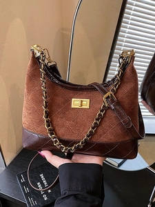 Vintage Quilted PU Leather Chain Dumpling Bag For Women Fashion Suede Patchwork Crossbody Shoulder Hobo Purse Daily Bag