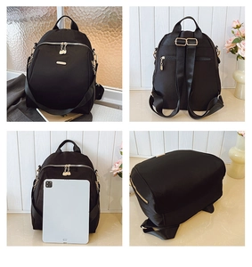 Detailed four-view layout of black Oxford cloth backpack with anti-theft zipper