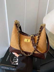 Retro patchwork crossbody bag with quilted rhombic pattern and gold chain strap