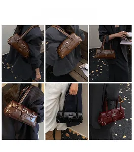Collage extérieur montrant des sacs vintage à rivets en marron, noir et rouge bordeaux