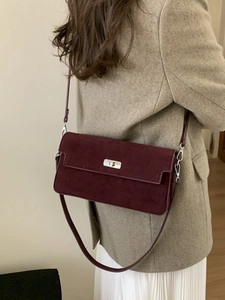 Vintage burgundy suede rectangular shoulder bag with silver turn-lock for women