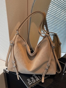 Retro light brown large capacity tote bag with decorative straps and metallic buckles