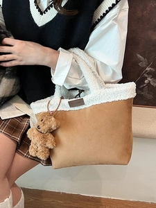 Plush faux fur tote bag in camel suede with teddy bear charm for autumn and winter