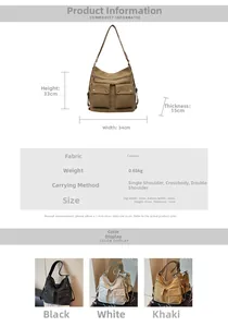 Detailed size chart and multi-functional strap options for canvas tote bag in three colors