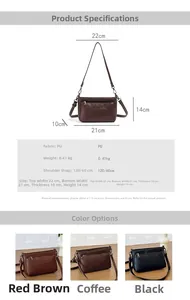 Detailed size guide for the PU leather crossbody bag featuring dimensions and strap length