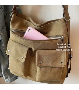 Close-up of khaki canvas bag featuring front zipper pocket and two metal snap flap pockets
