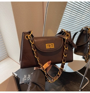 Détail du sac à chaîne vintage marron avec fermoir doré et texture en similicuir