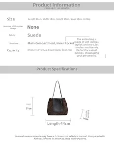 Detailed size chart for the leopard print tote bag showing 44x14x31cm dimensions