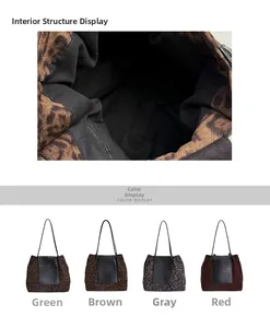 Detail view of the interior zip pocket and leopard print tote bags in four various colors