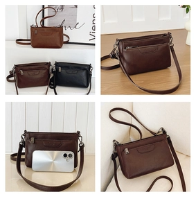 Detailed view of crossbody square bag showing leather texture and multiple color options
