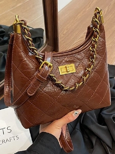 Sac Sous le Bras Rétro en Cuir PU Matelassé pour Femme Élégant Chaîne Dorée Sac à Bandoulière Motif Lingge Mode Sac Hobo