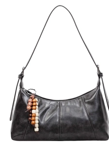 Retro black faux leather hobo bag with vintage wooden bead charm and crescent shape