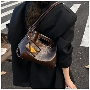 Detail of dark brown oil wax leather shoulder bag with small coin purse and metal decor