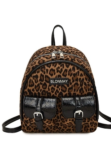 Sac à dos léopard tendance pour femme avec poches en similicuir noir et boucles métalliques
