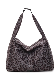 Large gray leopard print faux suede tote bag with wide shoulder strap and buckle detail