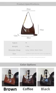 Detailed size chart and material specifications for the PU leather slouchy crossbody bag