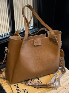 Large Capacity PU Lychee Grain Tote Bag For Women Vintage Commuting Shoulder Bag With Removable Patterned Wide Strap Handbag
