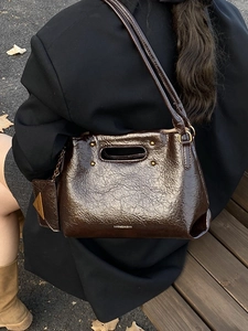 Dark brown pleated leather shoulder bag with fine strap and triangular coin purse